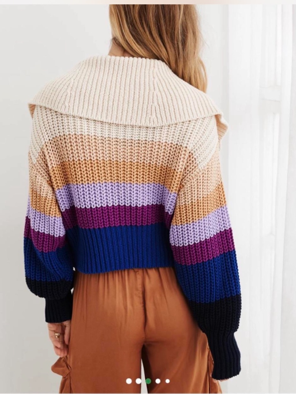 aerie Zip-Front Cropped Striped Sweater in Cream, Tan, Purple, Blue - Picture 2 of 9